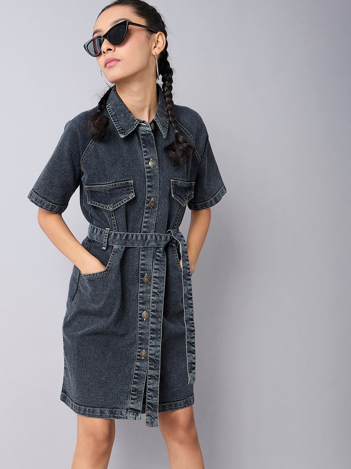 Black Acid Wash Denim Shirt Dress -Noh.Voh