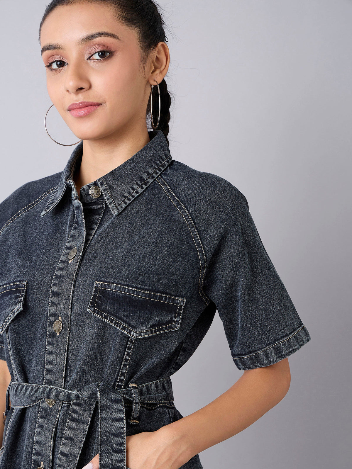 Black Acid Wash Denim Shirt Dress -Noh.Voh