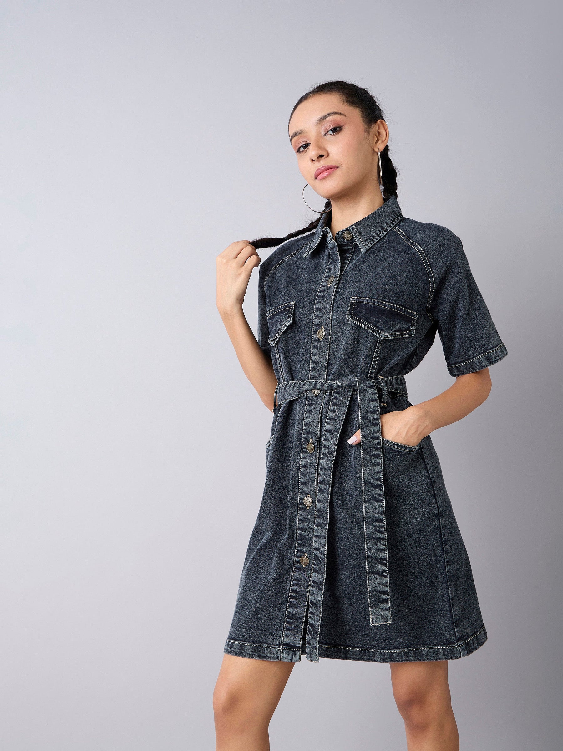 Black Acid Wash Denim Shirt Dress -Noh.Voh