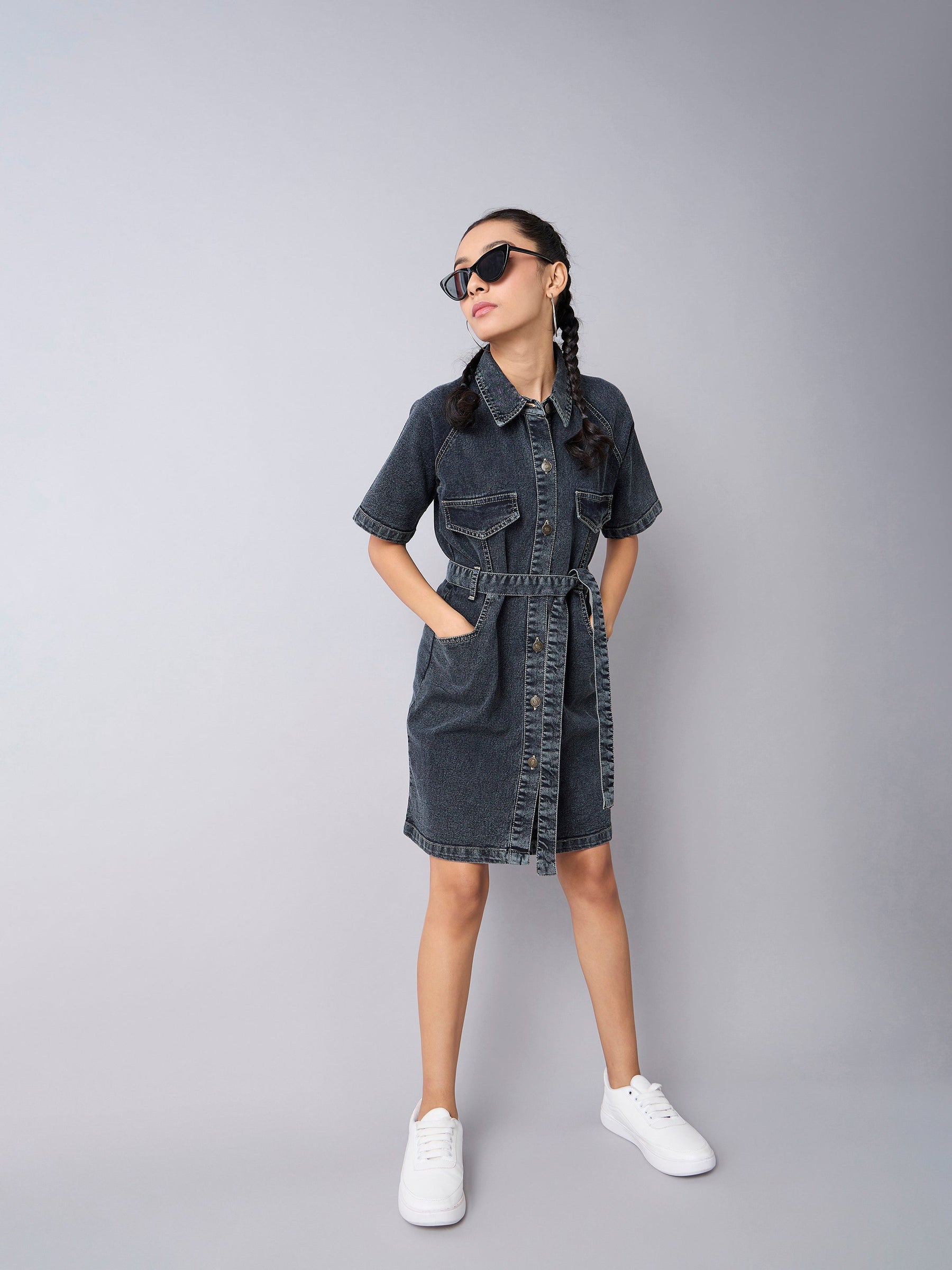 Black Acid Wash Denim Shirt Dress -Noh.Voh