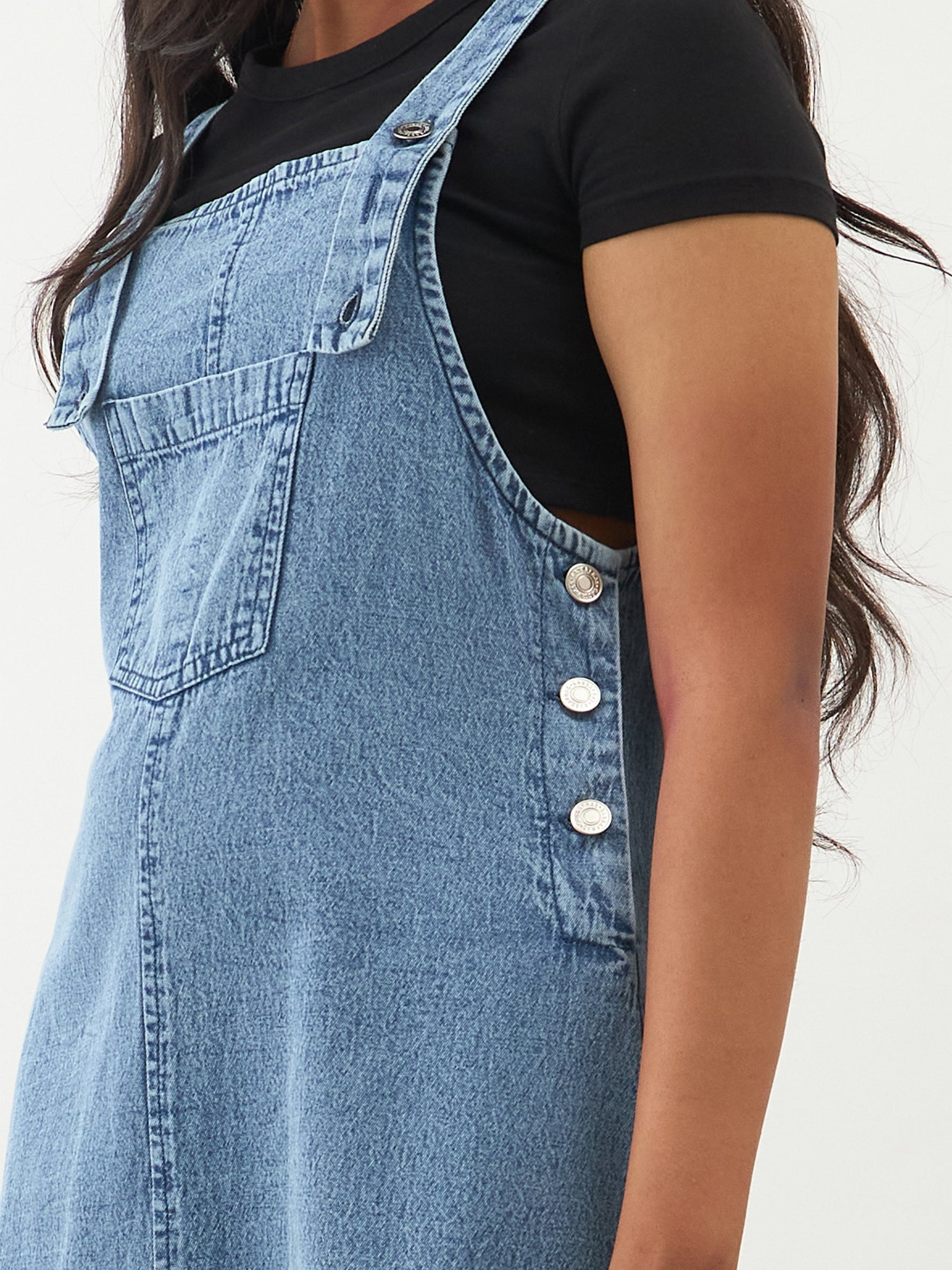 Girls Ice Blue Denim Front Pocket Dungaree Dress