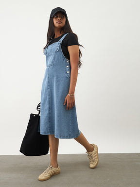 Girls Ice Blue Denim Front Pocket Dungaree Dress