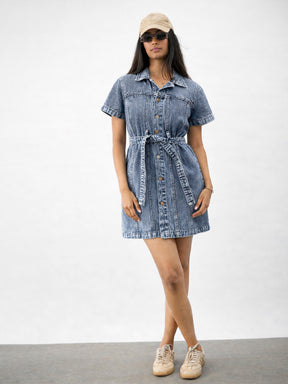 Blue Blast Denim Belted Shirt Dress-Noh.Voh 