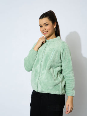 Sea Green Double Fur Front Zipper Jacket-Noh.Voh