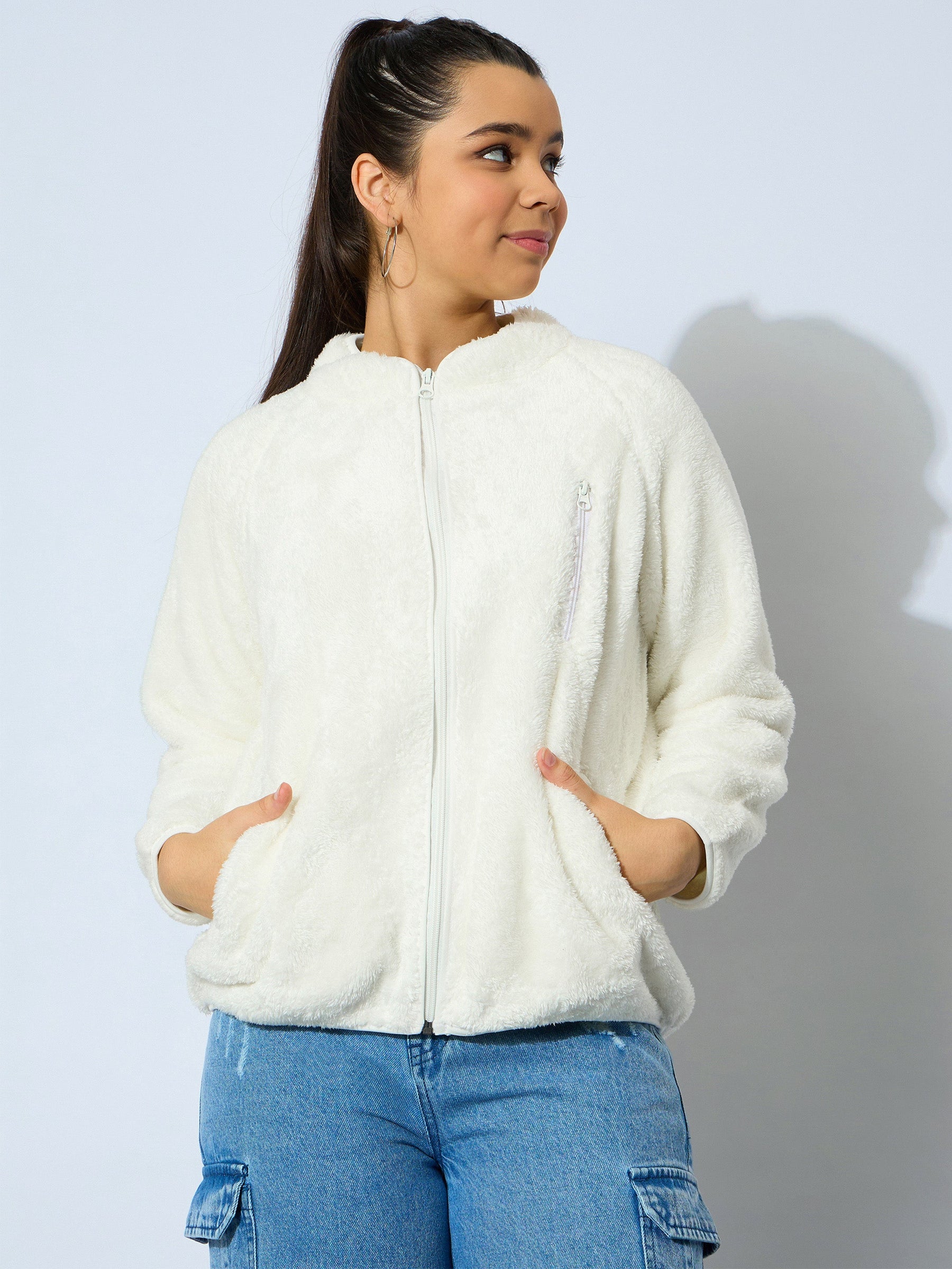 White Double Fur Front Zipper Regular Jacket-Noh.Voh