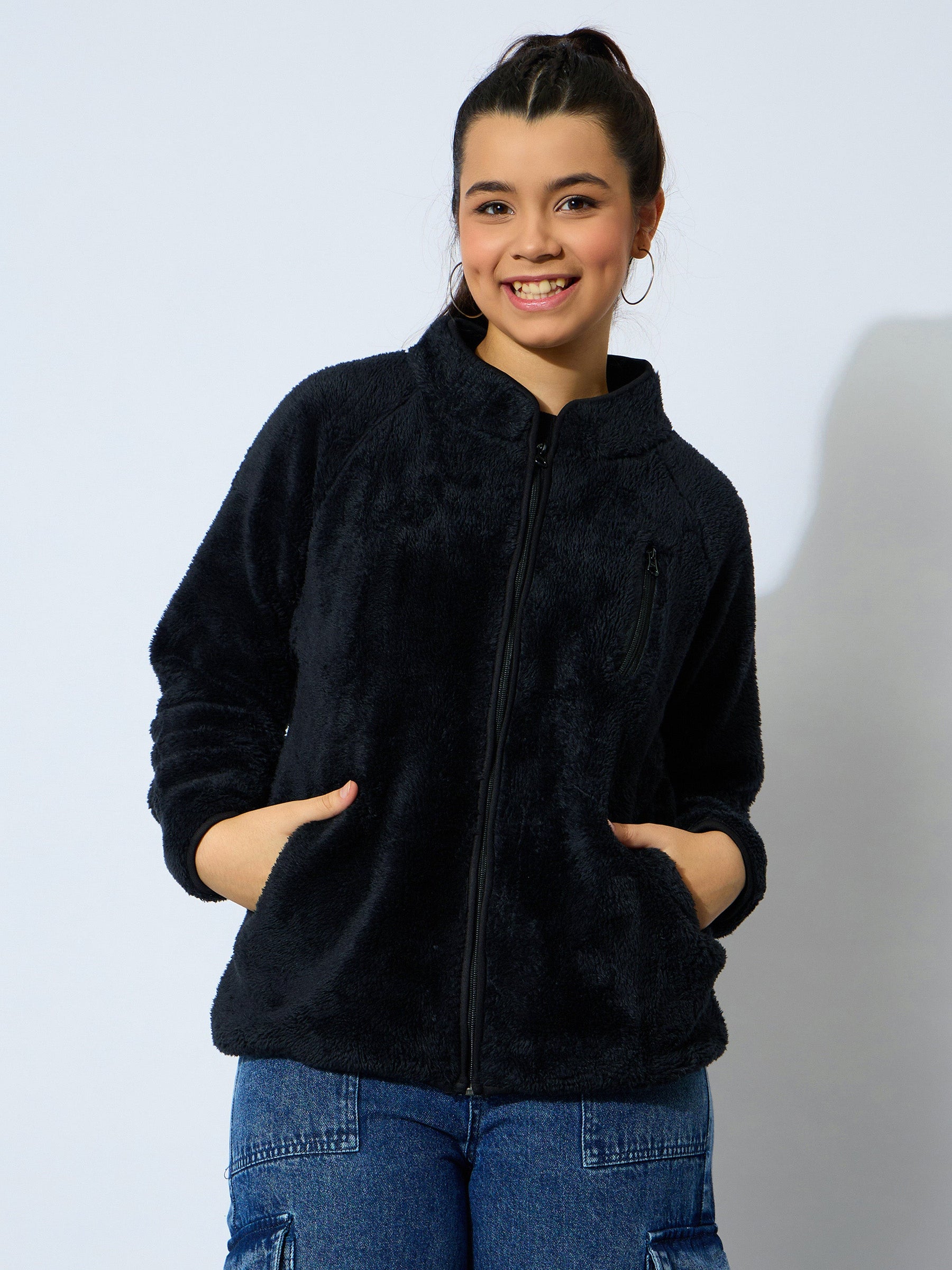 Black Double Fur Front Zipper Regular Jacket-Noh.Voh