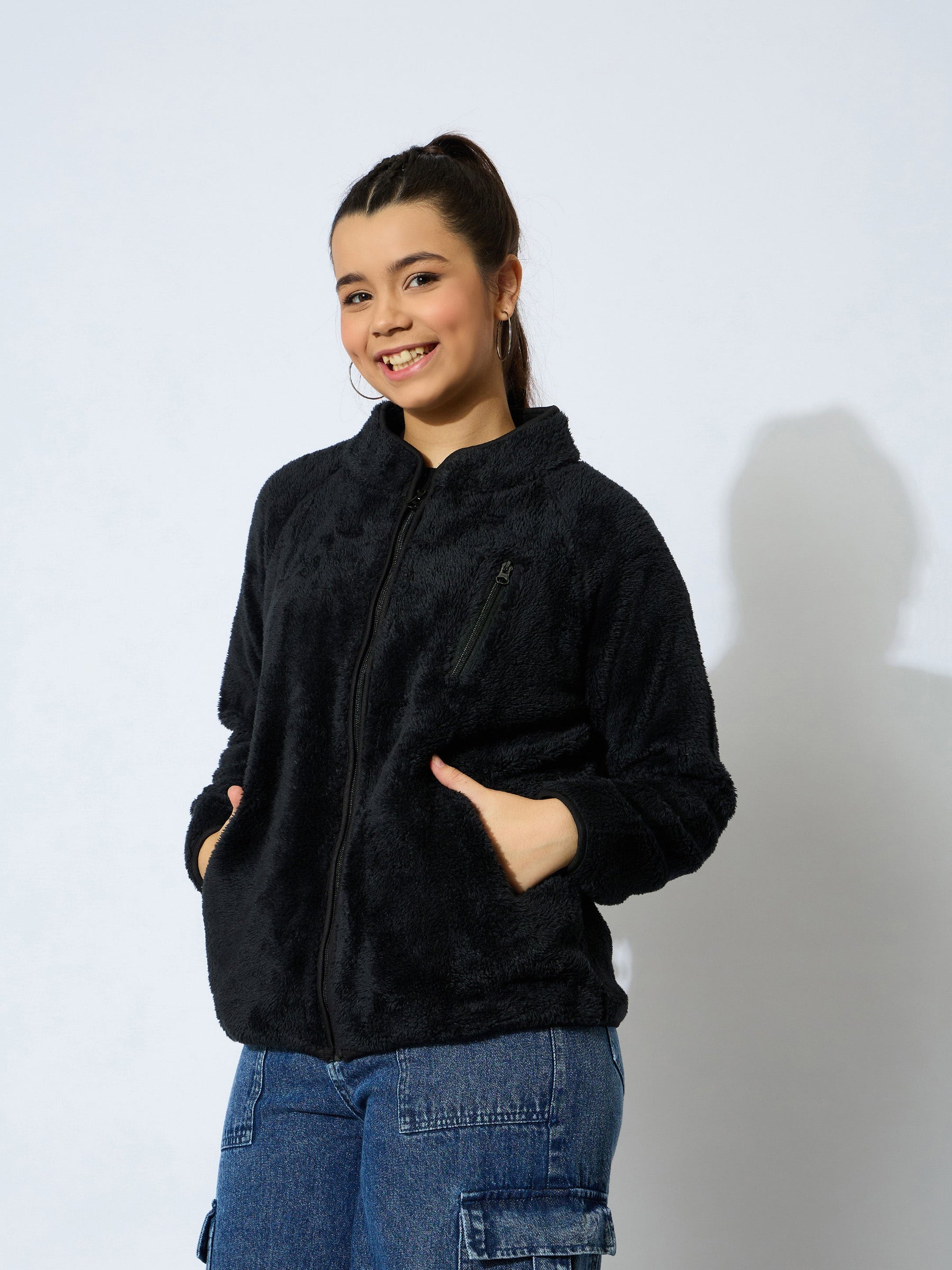 Black Double Fur Front Zipper Regular Jacket-Noh.Voh