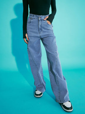 Blue Acid Wash Side Pocket Wide Leg Jeans -Noh.Voh