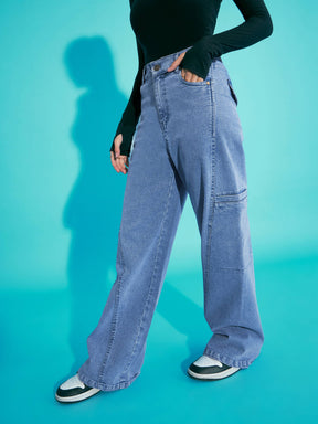 Blue Acid Wash Side Pocket Wide Leg Jeans -Noh.Voh