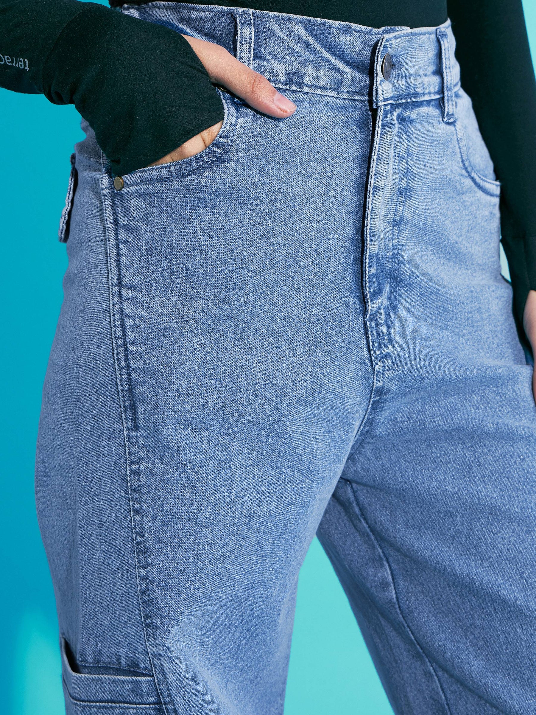 Blue Acid Wash Side Pocket Wide Leg Jeans -Noh.Voh