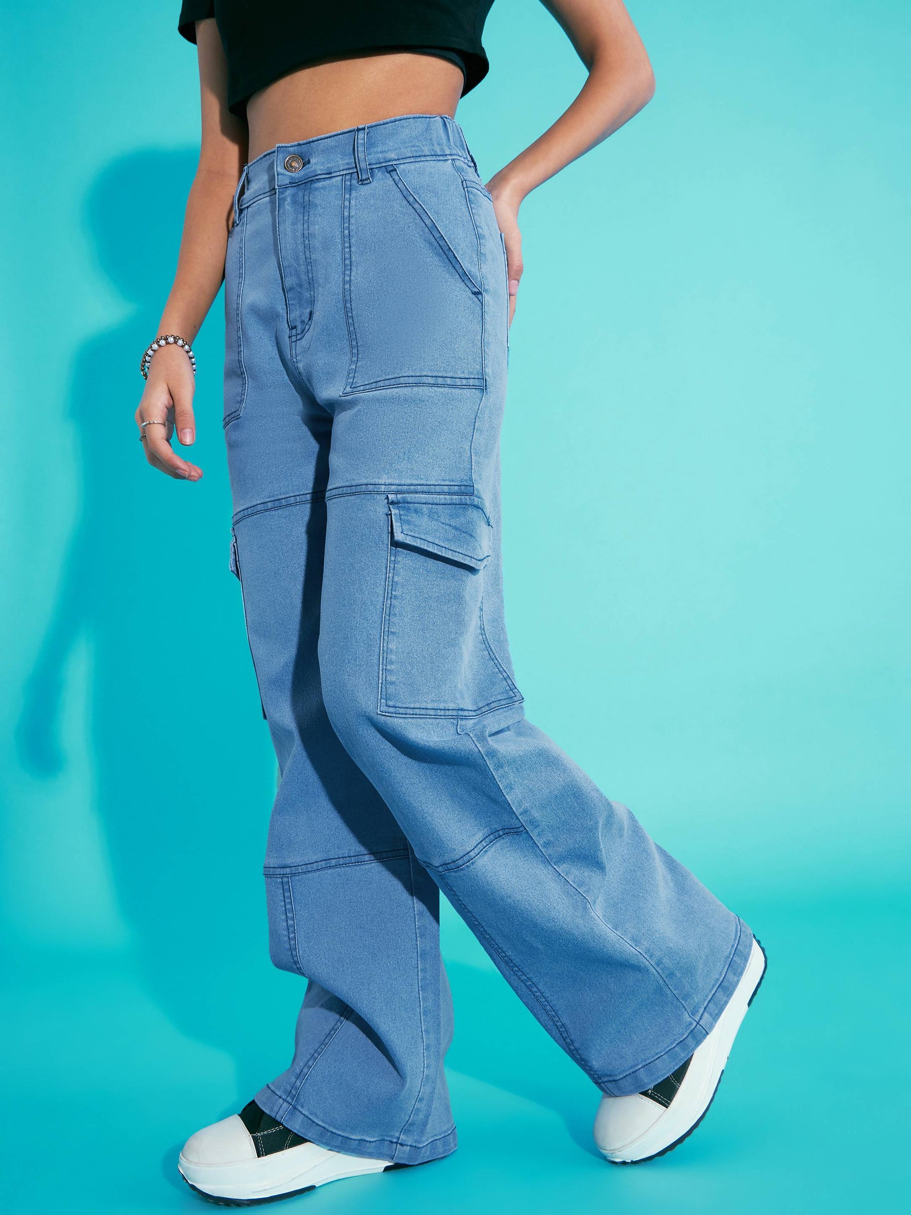 Ice Blue Acid Wash Front Seam Straight Jeans-Noh.Voh