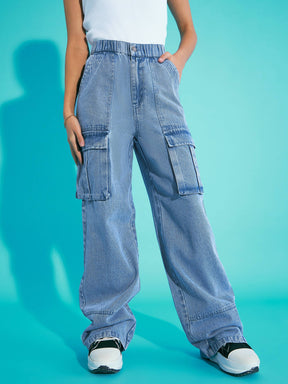 Ice Blue Acid Wash Elasticated Waist Cargo Jeans -Noh.Voh