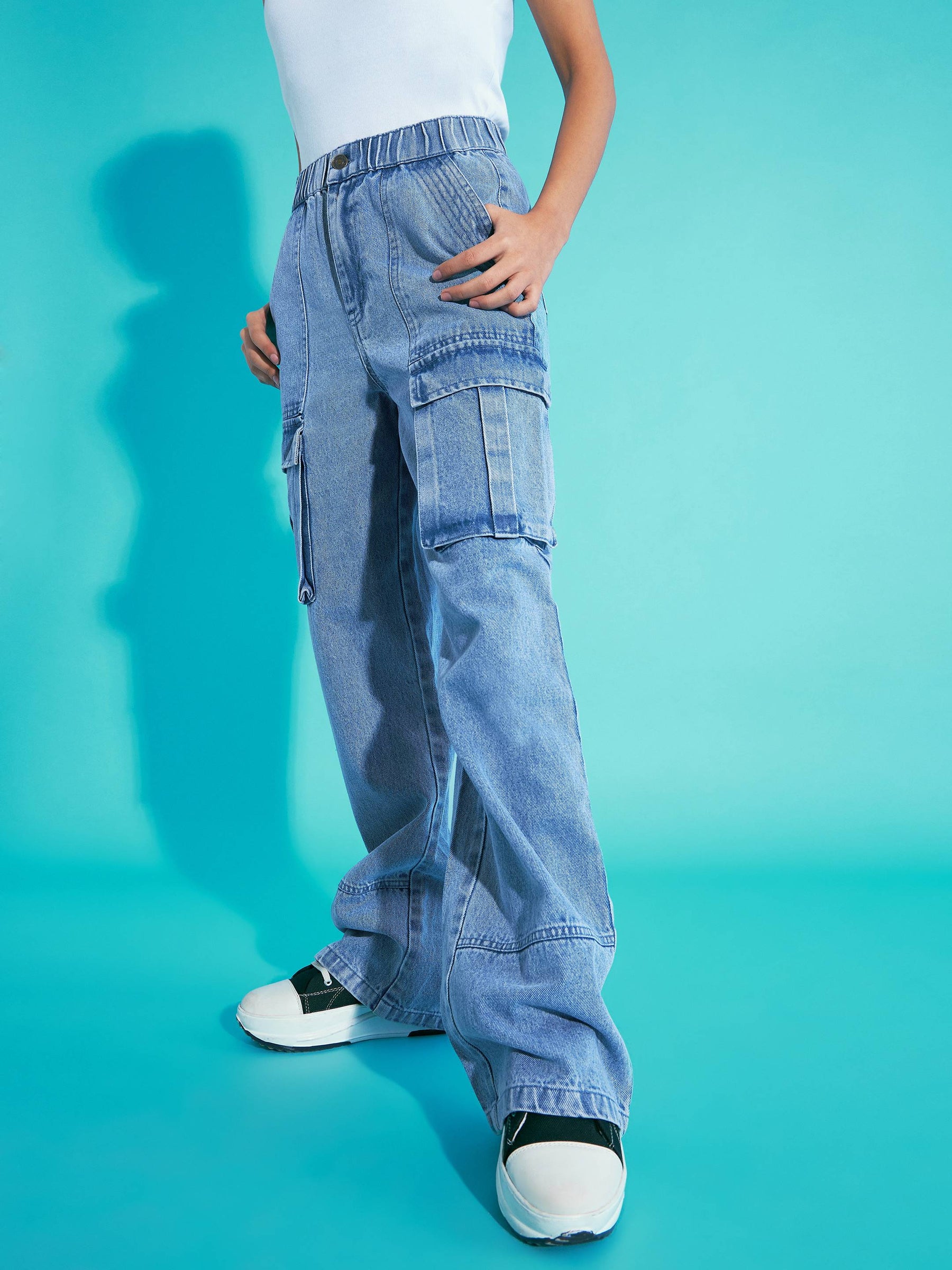 Ice Blue Acid Wash Elasticated Waist Cargo Jeans -Noh.Voh