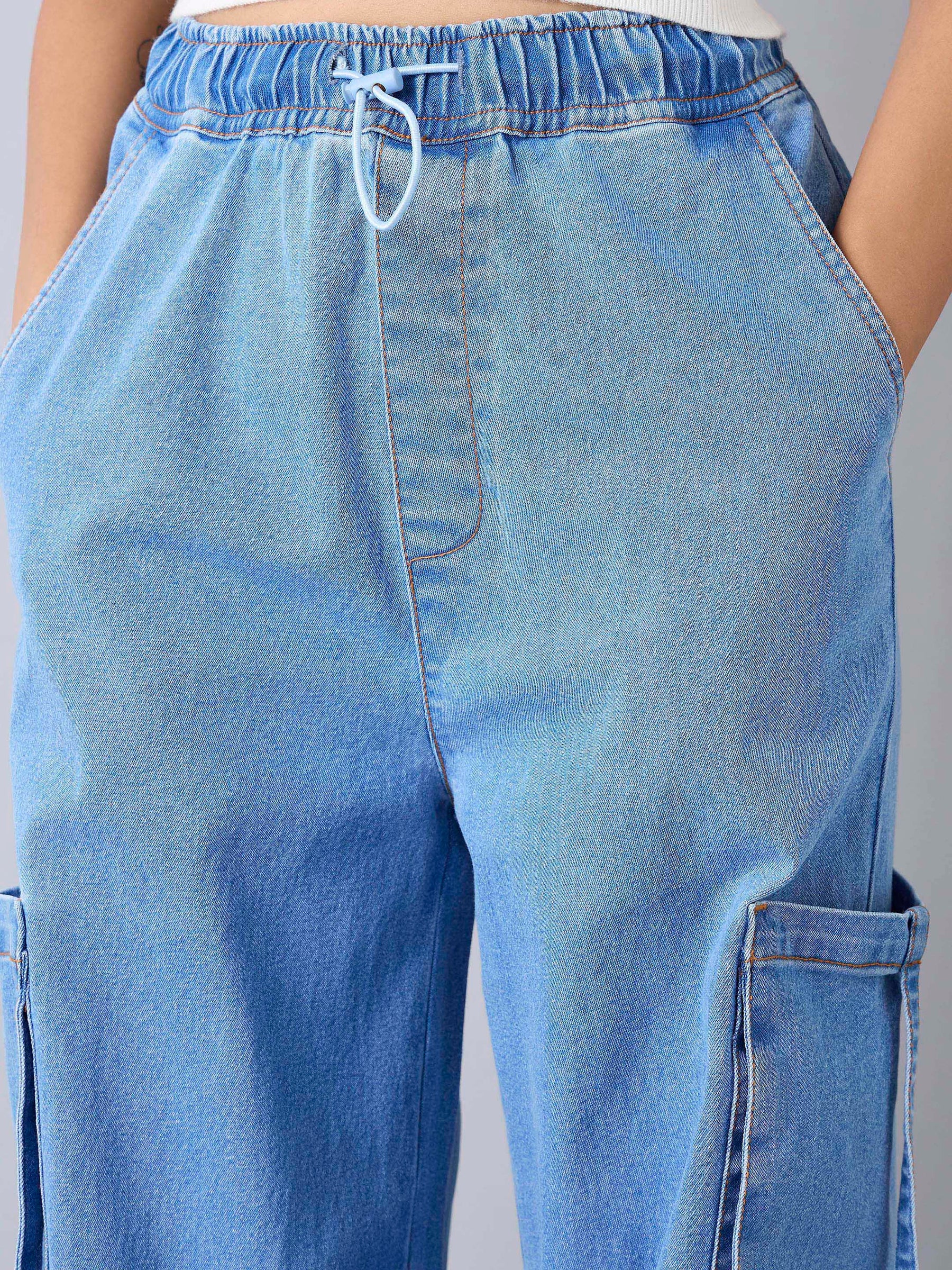 Ice Blue Side Pockets Cargo Jeans -Noh.Voh