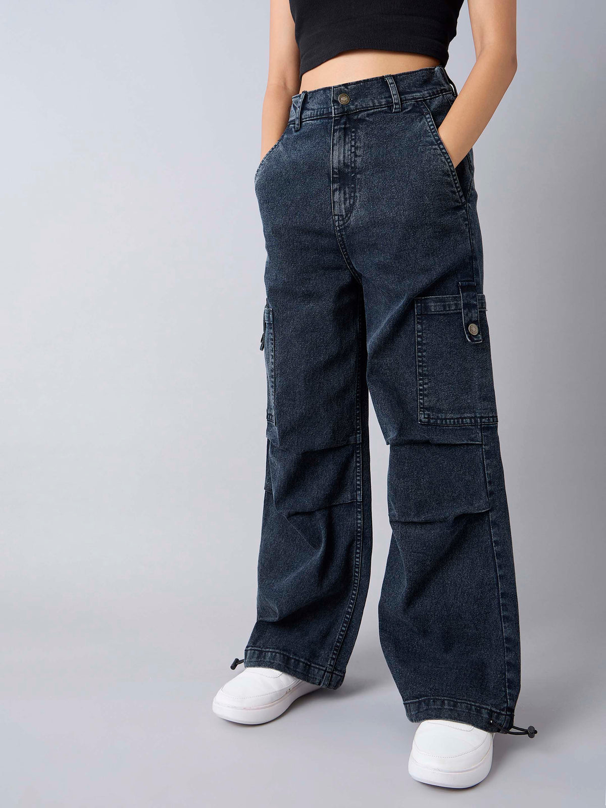 Black Acid Wash Side Pintuck Cargo Jeans -Noh.Voh