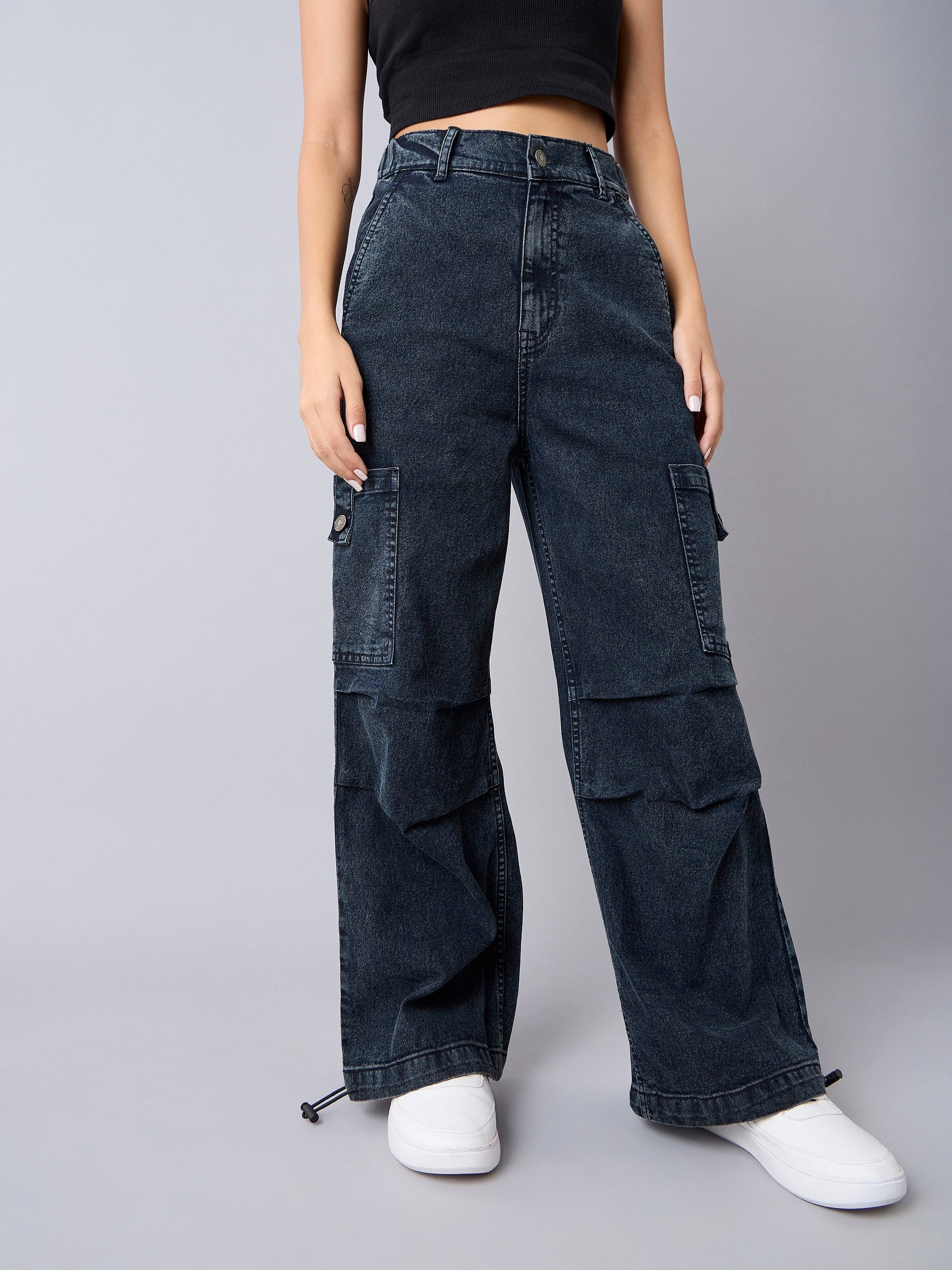 Black Acid Wash Side Pintuck Cargo Jeans -Noh.Voh