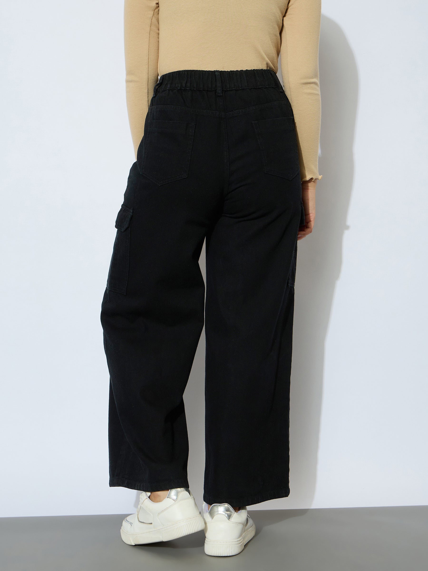 Girl Jet Black Denim Side Pocket Straight Jeans