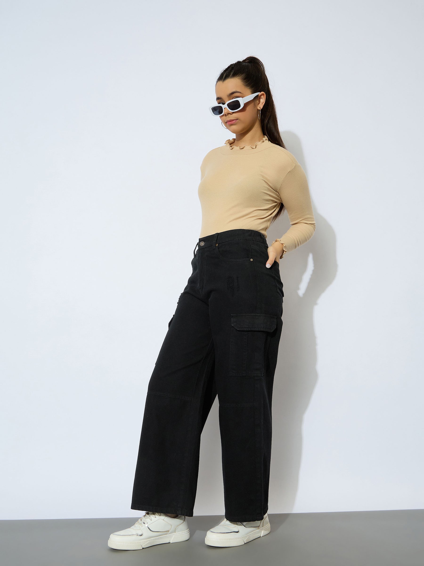 Girl Jet Black Denim Side Pocket Straight Jeans