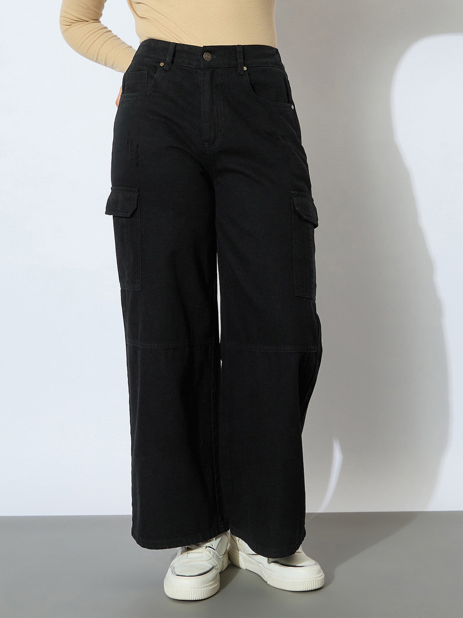 Girl Jet Black Denim Side Pocket Straight Jeans