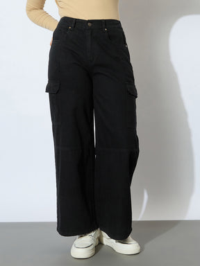 Girl Jet Black Denim Side Pocket Straight Jeans
