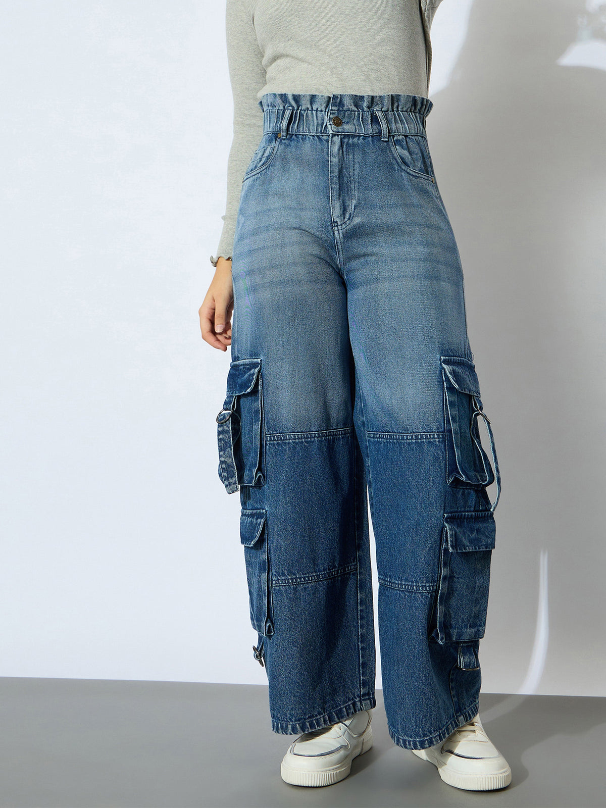 Blue Wash Denim Paper Bag Waist Cargo Jeans-Noh.Voh