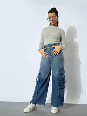 Blue Wash Denim Paper Bag Waist Cargo Jeans-Noh.Voh