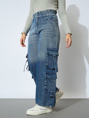 Blue Wash Denim Paper Bag Waist Cargo Jeans-Noh.Voh