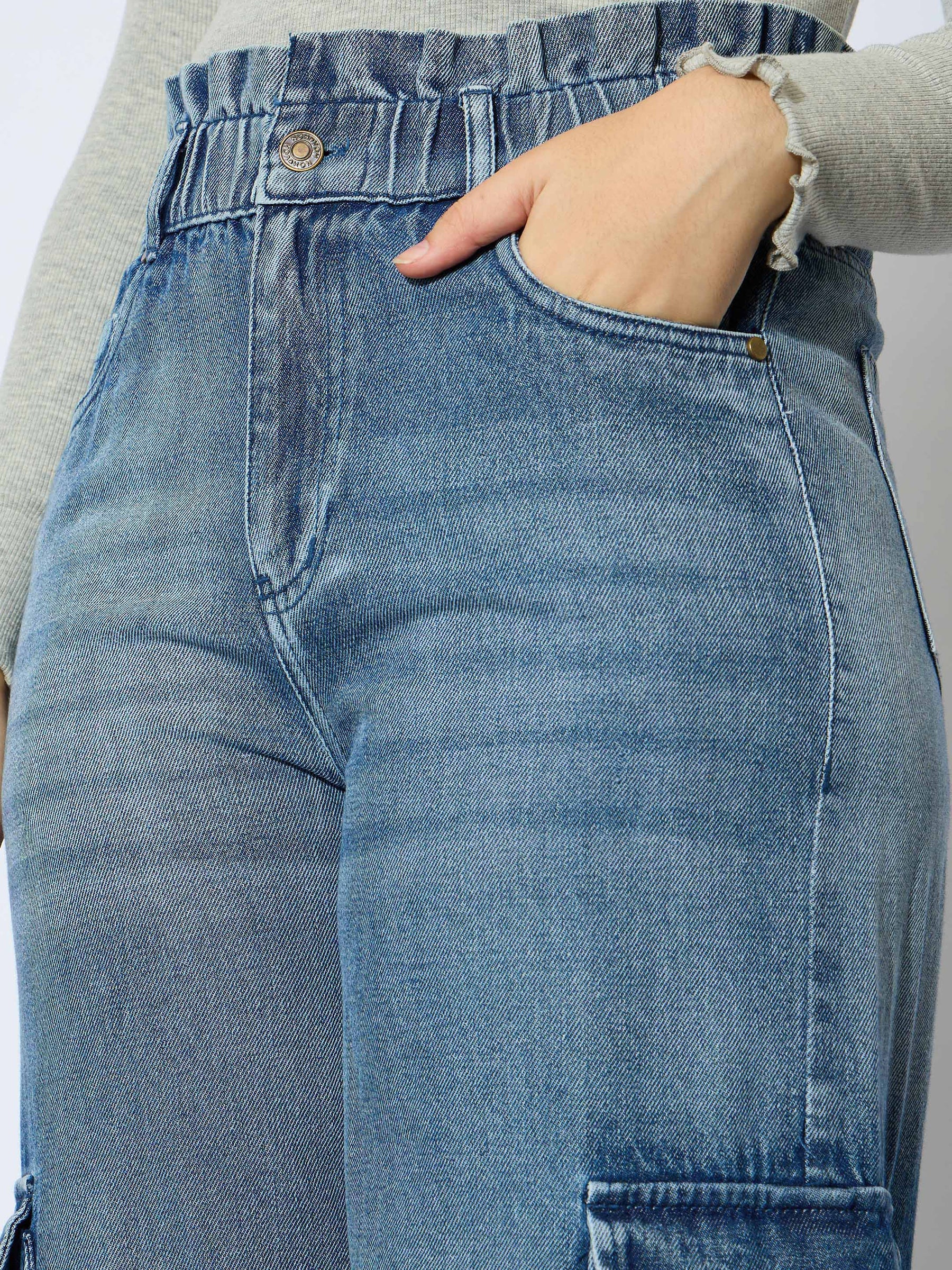 Blue Wash Denim Paper Bag Waist Cargo Jeans-Noh.Voh