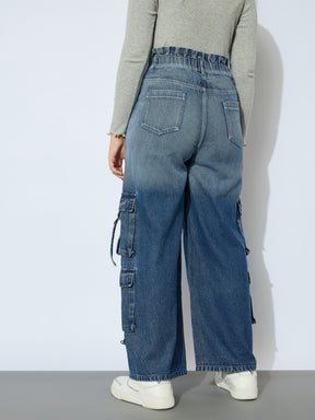 Girl Blue Wash Denim Paper Bag Waist Cargo Jeans