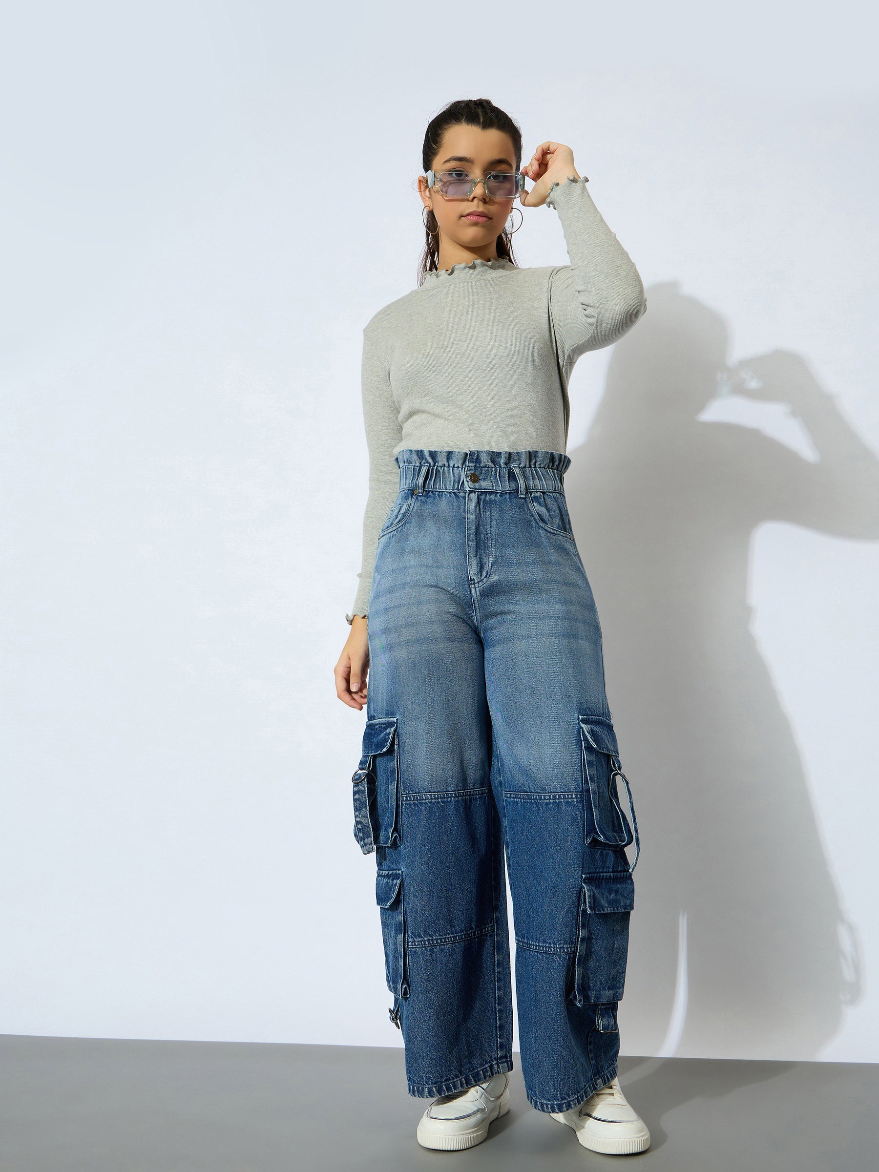 Girl Blue Wash Denim Paper Bag Waist Cargo Jeans