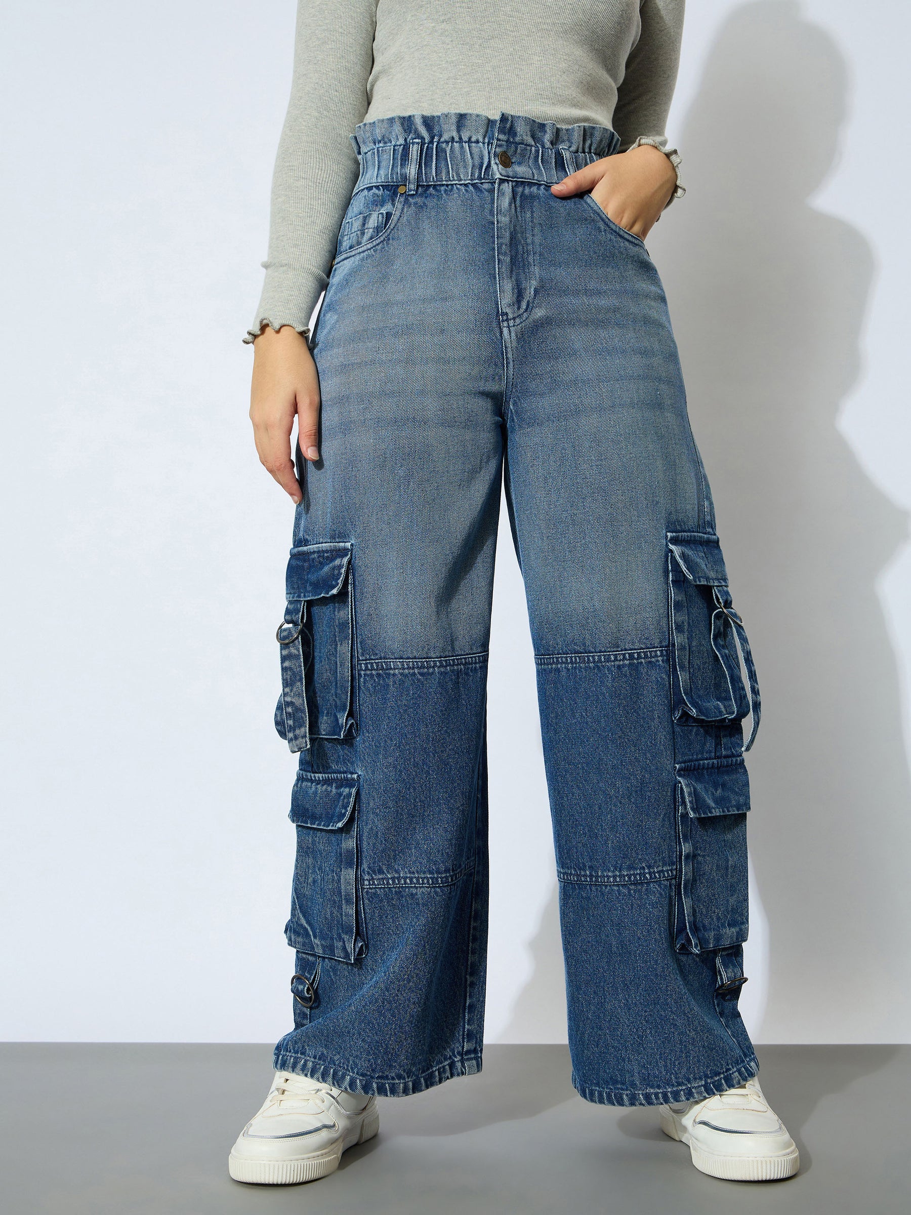 Girl Blue Wash Denim Paper Bag Waist Cargo Jeans