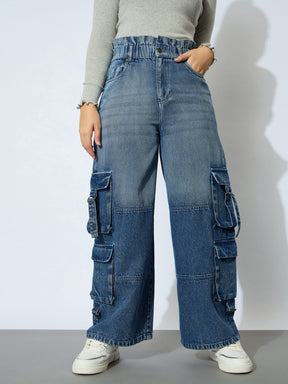 Girl Blue Wash Denim Paper Bag Waist Cargo Jeans