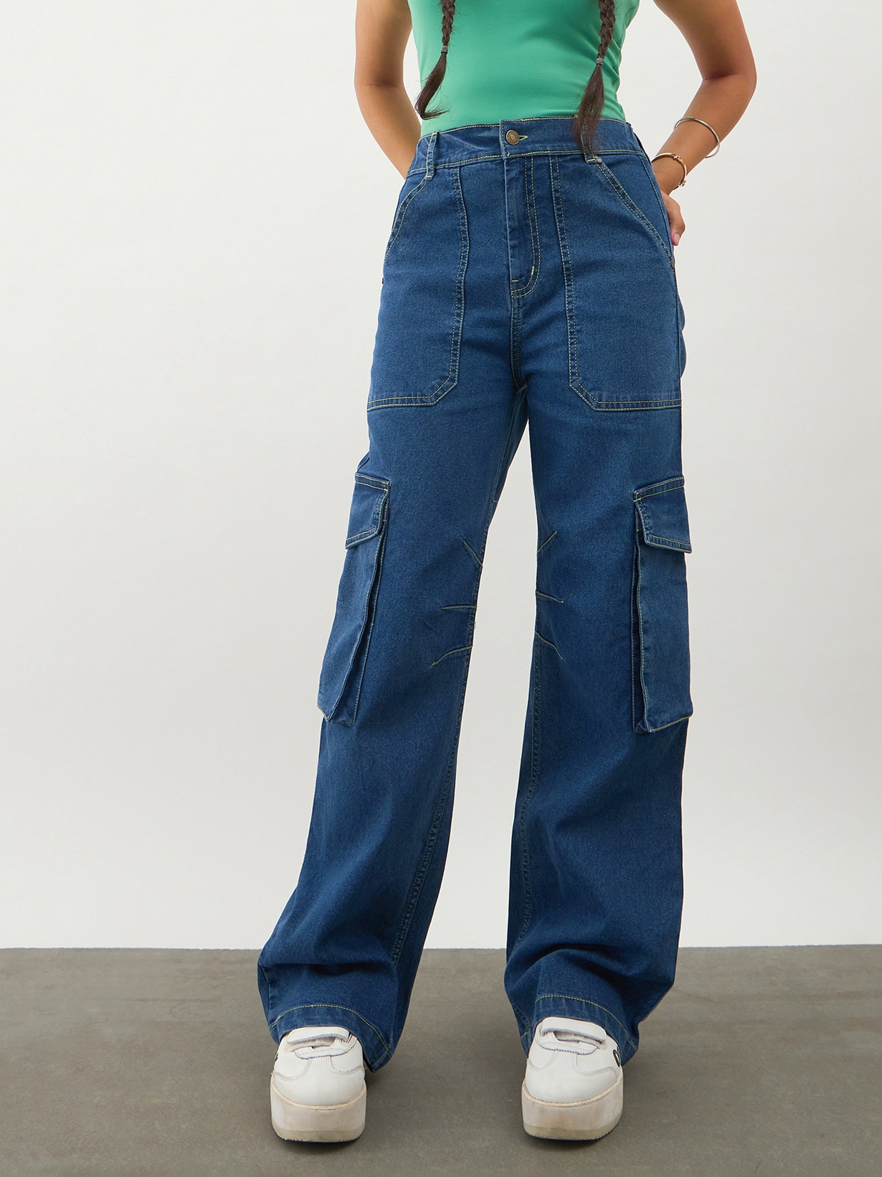 Navy Blue Denim Contrast Stitch Cargo Jeans-Noh.Voh 