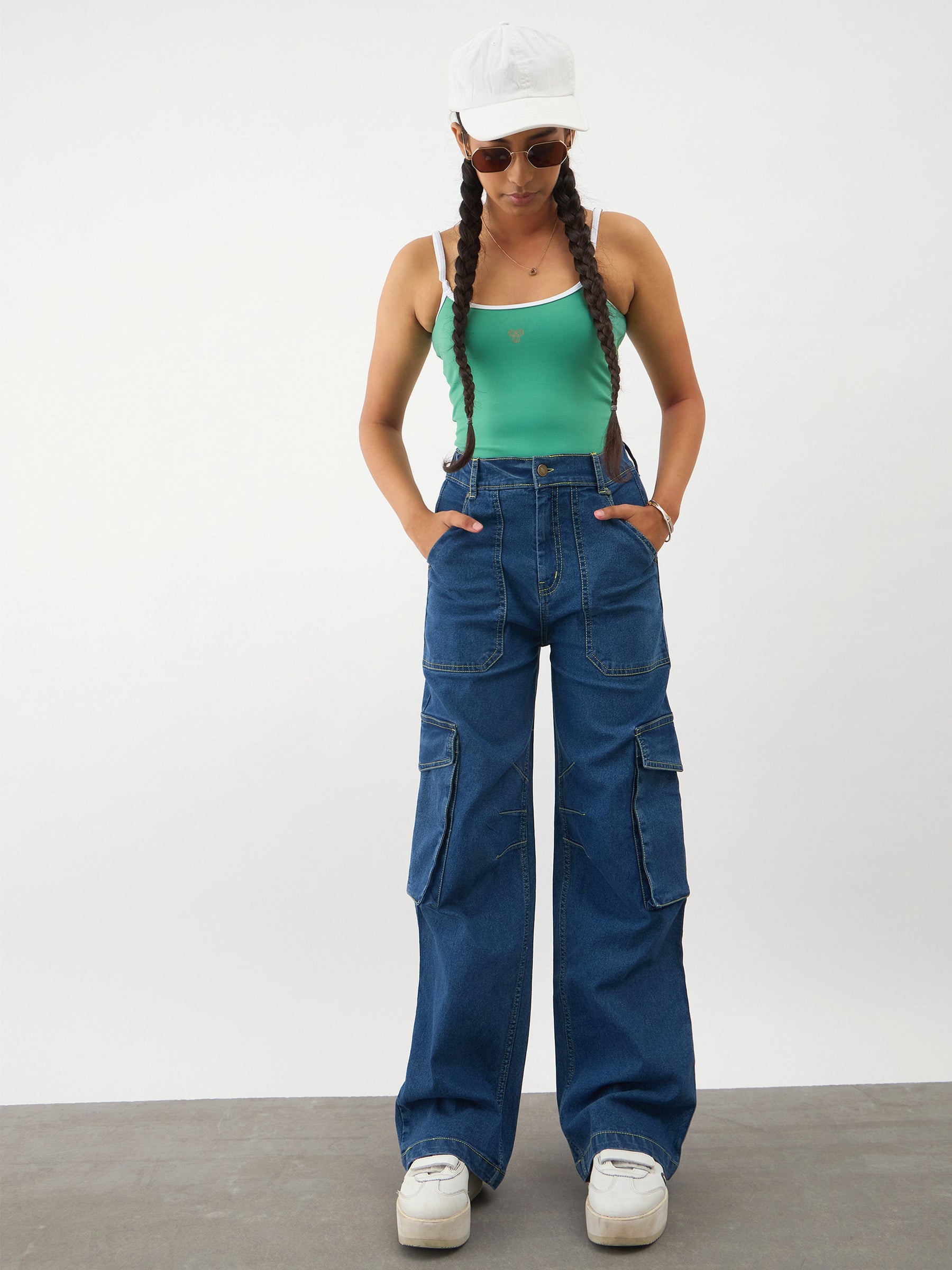 Navy Blue Denim Contrast Stitch Cargo Jeans-Noh.Voh 