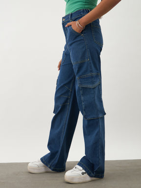 Navy Blue Denim Contrast Stitch Cargo Jeans-Noh.Voh 
