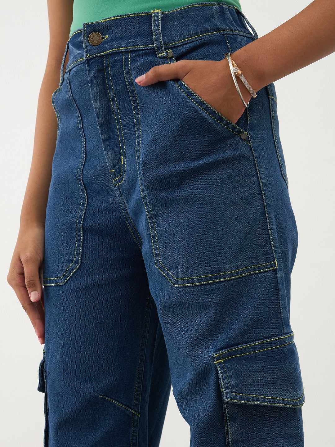 Navy Blue Denim Contrast Stitch Cargo Jeans-Noh.Voh 