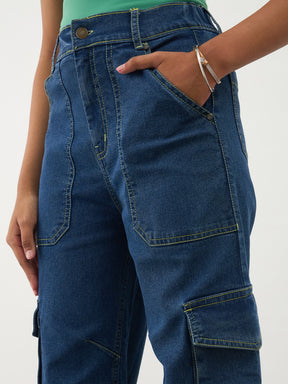 Navy Blue Denim Contrast Stitch Cargo Jeans-Noh.Voh 