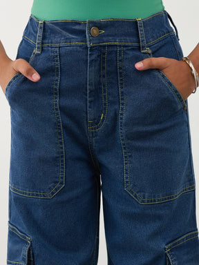 Girls Navy Blue Denim Contrast Stitch Cargo Jeans
