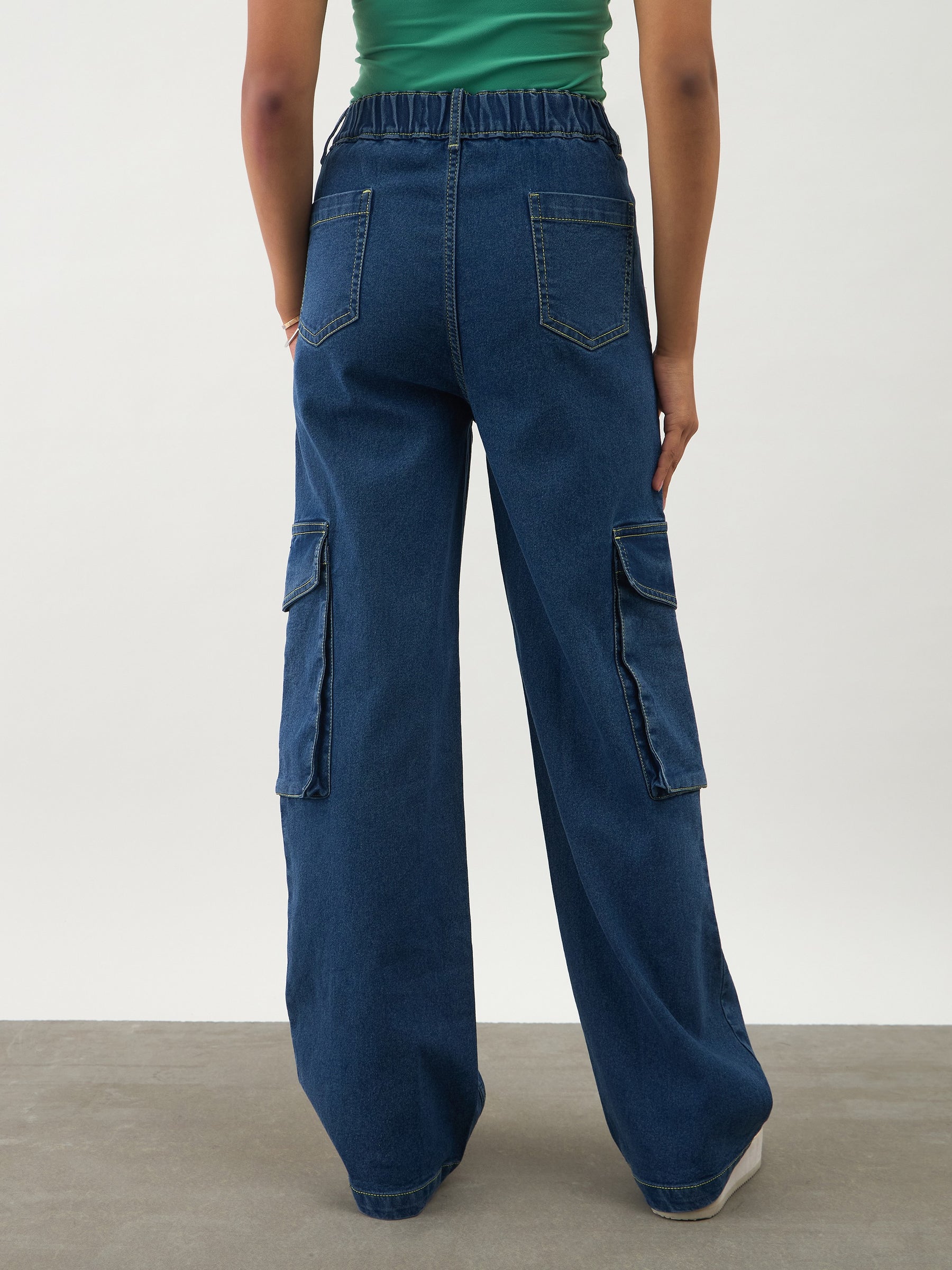 Girls Navy Blue Denim Contrast Stitch Cargo Jeans
