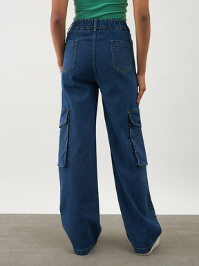 Girls Navy Blue Denim Contrast Stitch Cargo Jeans