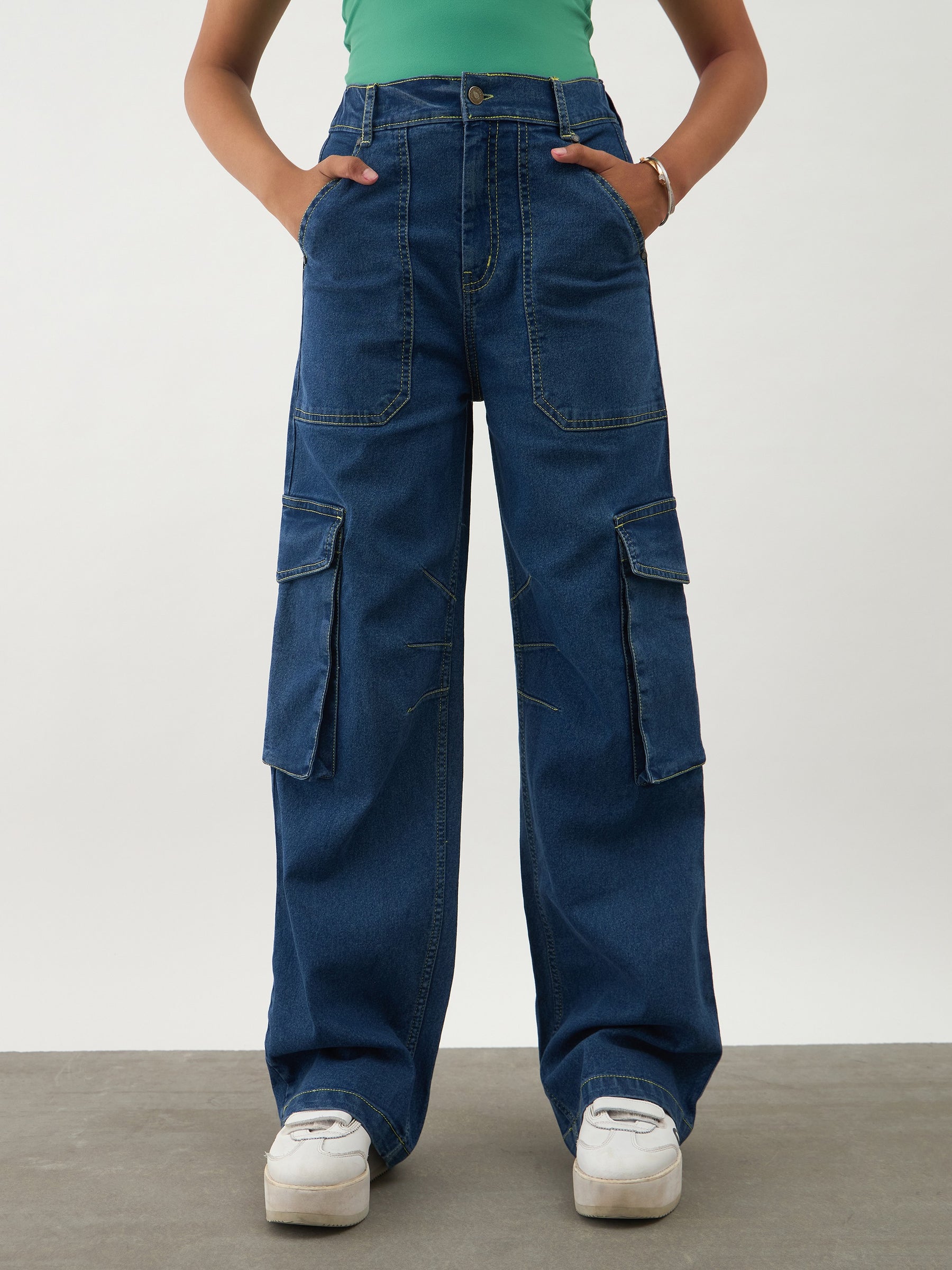 Girls Navy Blue Denim Contrast Stitch Cargo Jeans
