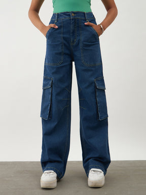 Girls Navy Blue Denim Contrast Stitch Cargo Jeans