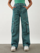Green Wash Denim Contrast Stitch Cargo Jeans-Noh.Voh 