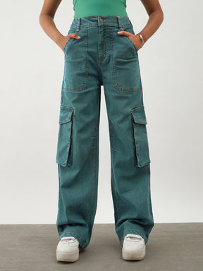 Green Wash Denim Contrast Stitch Cargo Jeans-Noh.Voh 