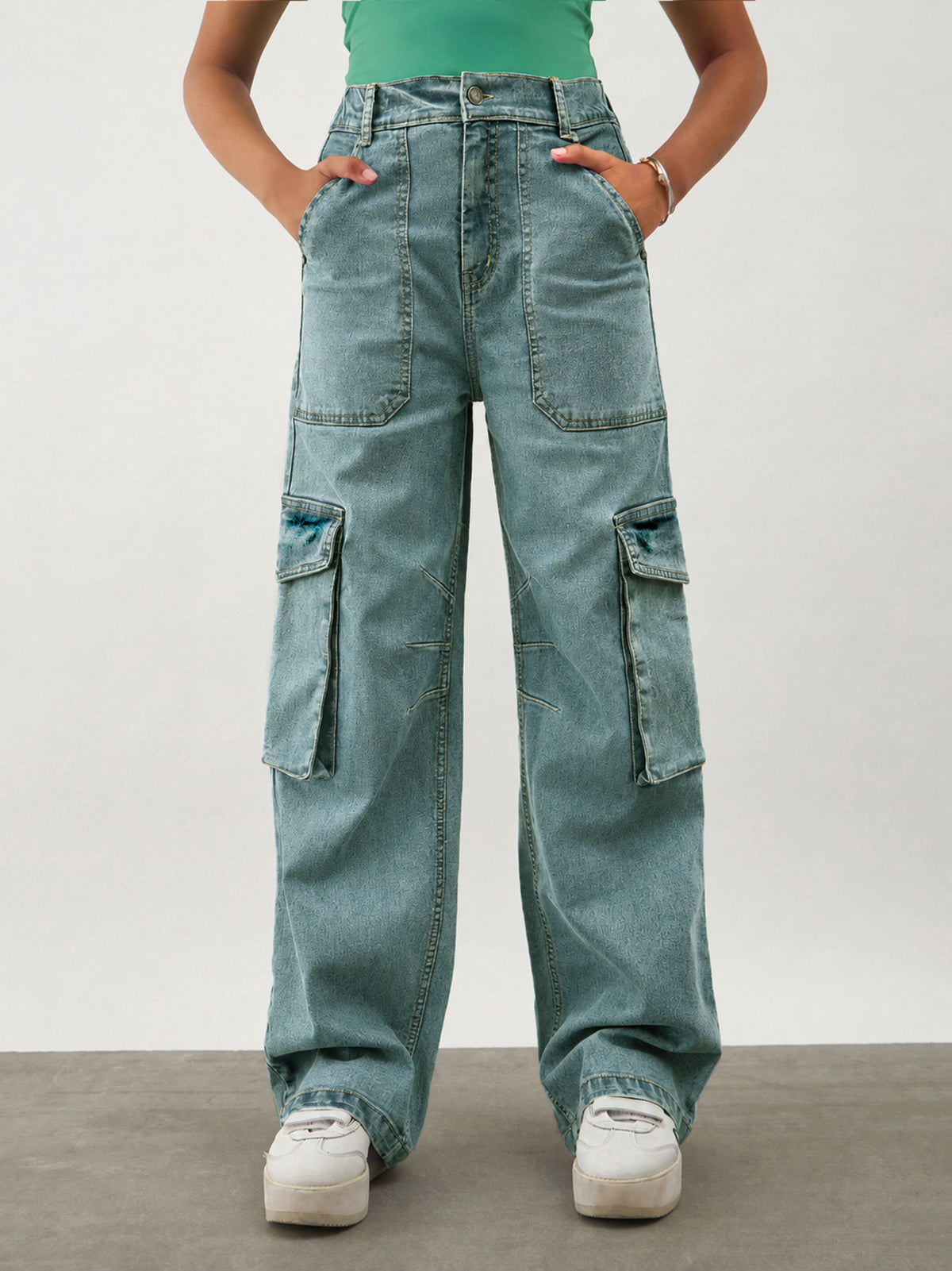 Girls Green Wash Denim Contrast Stitch Cargo Jeans