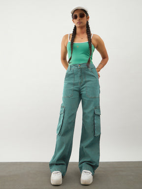Green Wash Denim Contrast Stitch Cargo Jeans-Noh.Voh 