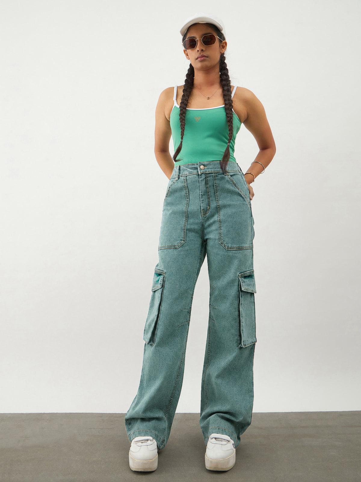 Girls Green Wash Denim Contrast Stitch Cargo Jeans