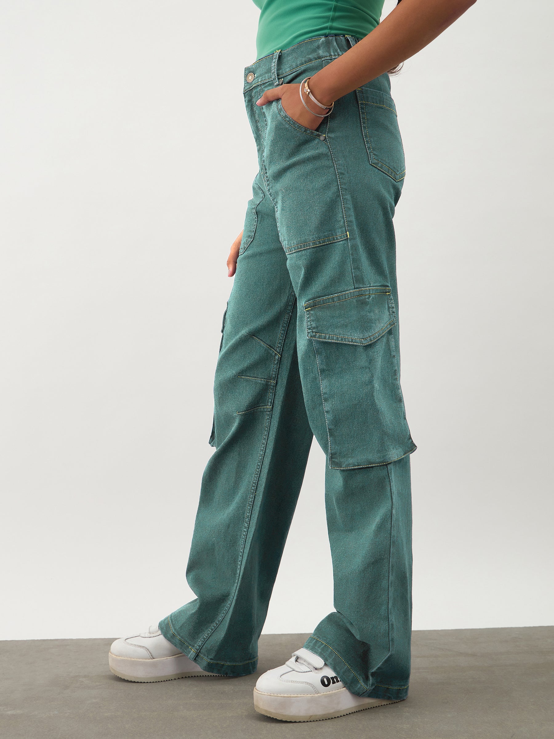 Green Wash Denim Contrast Stitch Cargo Jeans-Noh.Voh 