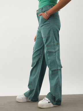 Green Wash Denim Contrast Stitch Cargo Jeans-Noh.Voh 