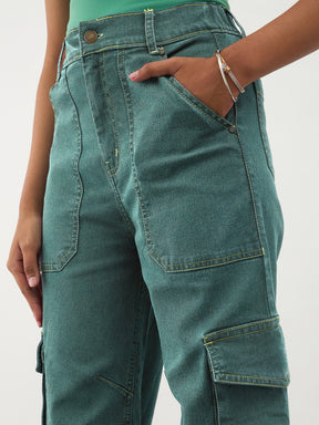Green Wash Denim Contrast Stitch Cargo Jeans-Noh.Voh 